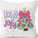 QGFM Pink Coquette Bow Christmas Tree Pillow Covers 18x18, Preppy Christmas Decor, Colorful Xmas Tree Snowflake Holiday Decorative Pillow Covers for Couch Sofa Bedroom Living Room Home Pack of 2