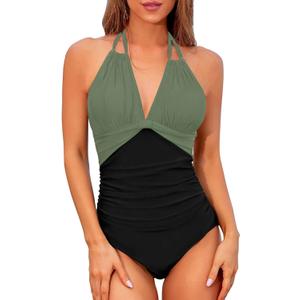 Tempt Me Women One Piece Swimsuits Tummy Control Halter Bathing Suits Sexy Ruched Slimming Swimwear (Small, Black Olive Green)