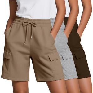 Neer 3 Pack Women's Bermuda Shorts Cargo Knee Length Drawstring Long Shorts Casual Yoga Soccer SweatShorts with 4 Pockets(Brown, Light Heather Gray, Khaki,Medium)
