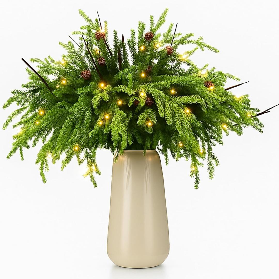 20 Pcs Christmas Norfolk Pine Branches with Lights 18" 8 Artificial Norfolk Stems 8 Branches with Pinecone 4 Lighted Stems for Vases Xmas DIY Garland Wreath Home Centerpiece Table Decorations