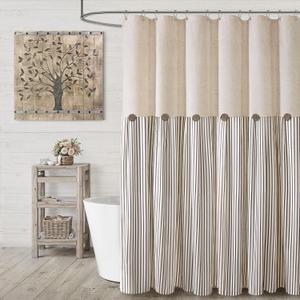 Farmhouse Shower Curtain Linen Beige Button Woven Fabric Country Rustic Western, Pleated Brown Stripe 54" W x 72" L