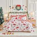 Christmas Quilt Set Queen Size 88x88 - Cream White Santa Claus n Cute Trees Stars with Red Plaid - Xmas New Year Gingham Style Microfiber Winter Bedding Coverlet Thanksgiving Holiday Bedspread