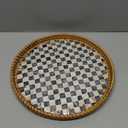 Round Rattan Tray with Mother of Pearl Inlay, Decorative Wicker Serving Tray with Wooden Base, Woven Basket Trays for Bread Fruits Coffee, Checkered