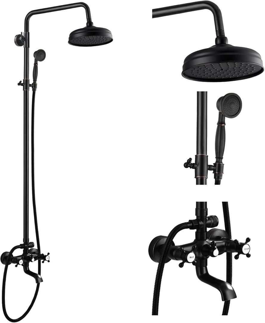 gotonovo Bathroom Shower Faucet Rain Mixer 8 Inch Round Shower Head Double Cross Handle with Tub Spout Wall Mount Bathroom Shower Fixtures 3 Function Metal Handheld Sprayer Oil Rubbed Bronze
