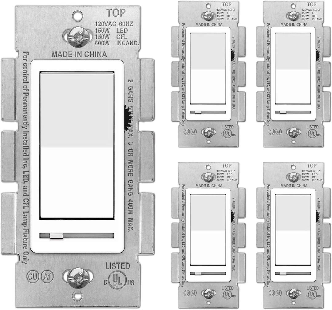 BESTTEN 5 Pack Dimmer Light Switch, Single Pole or 3-Way, Compatible with Dimmable LED, CFL, Incandescent and Halogen Bulb, LED Slide Dimmer Switch, Neutral Wire Not Required, 120VAC, UL Listed, White