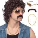 70s Wigs for Men Disco Wig for Halloween Party Short Brown Feathered Hair with Glasses Gold Necklace Mustache