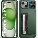 BXYJY for iPhone 15 Plus & iPhone 14 Plus Wallet Case with Card Holder(4-5 Cards), Slide Camera Lens Cover, Military Grade Shockproof & RFID Protection, Phone Case for iPhone 15 Plus/14 Plus, Green