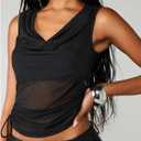 Women's Cowl Neck Sheer Tank Tops Drawstring Side Draped See Through Sleeveless Crop Top (Black, S)