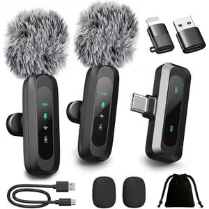 Upgraded 2 Pack Mini Clip on Microphone With LED Display, Wireless Lavalier Microphone for iPhone, HD Noise Cancelling, Portable Lapel Mic for Recording Video Podcast Vlogg Content Creator interview