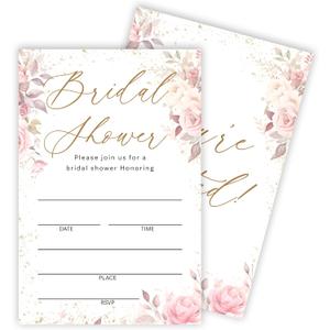 Bridal Shower Invitation Card (4"x6") - Set Of 25 Wedding Invitations With Envelope - Floral White & Blue Watercolor Flowers Invites For Bridal Shower Party - Engagement Party Supplies - A08