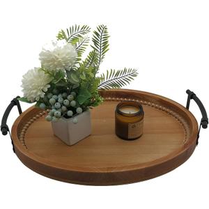 Oval Rustic Wooden Decorative Tray, Serving Tray with Metal Handles, Ottoman Coffee Table Tray, Farmhouse Centerpiece for Kitchen or Living Room (Brown)