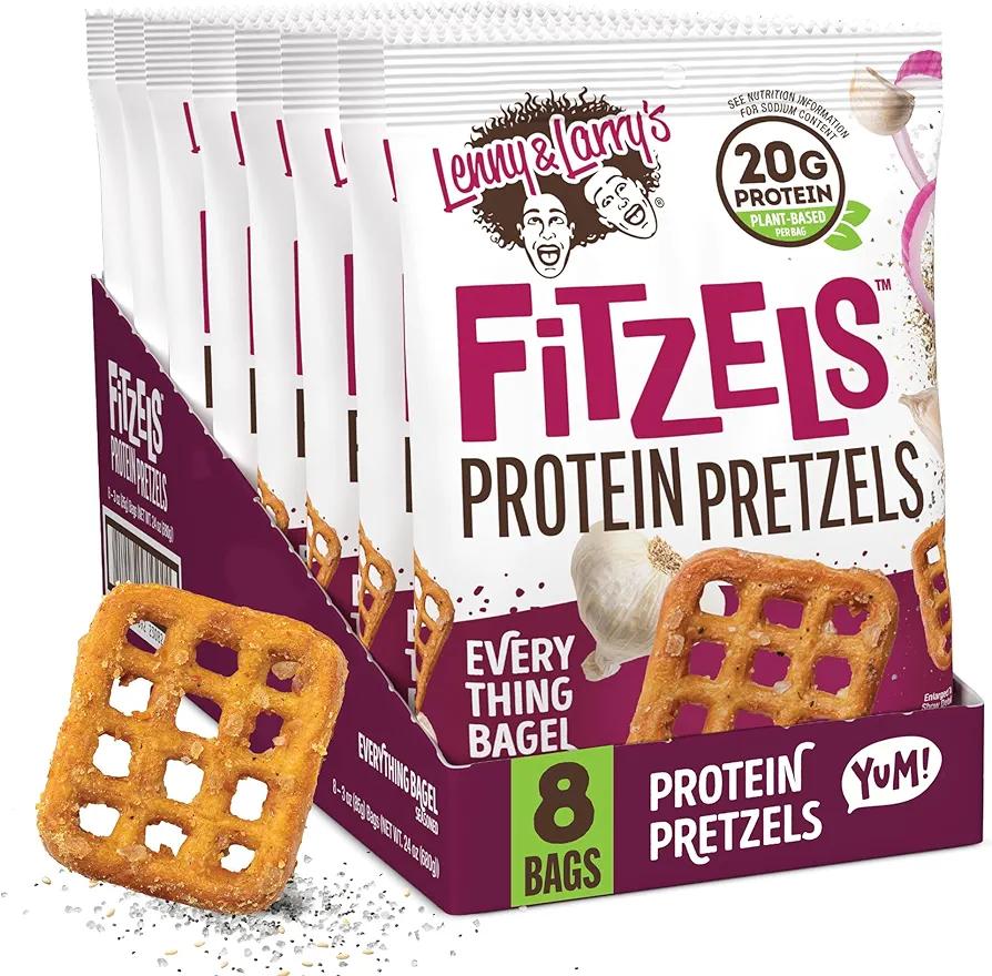 Lenny & Larry's Everything Bagel FITZELS- Savory Pretzel Snacks Incredibly Tasty, High Protein Salty, Vegan, 20 g's of Plant Based Protein 8 (eight) Bags, 3 oz Each, Best By: 06/12/2026