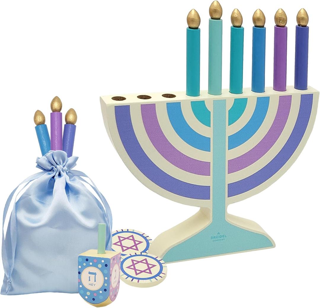 Mini Pastel Hanukkah Menorah, 5" Inch Children Wooden Chanukah Menorah Set with Removable Wooden Candles, 3" Inch Dreidel, and Gelt Coins (Single)