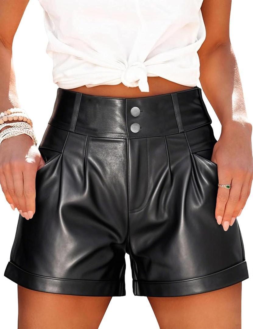 Fallorchid Women's Faux Leather High Waist Shorts Pleated Wide Leg Pants Shorts with Pockets (Black) XL