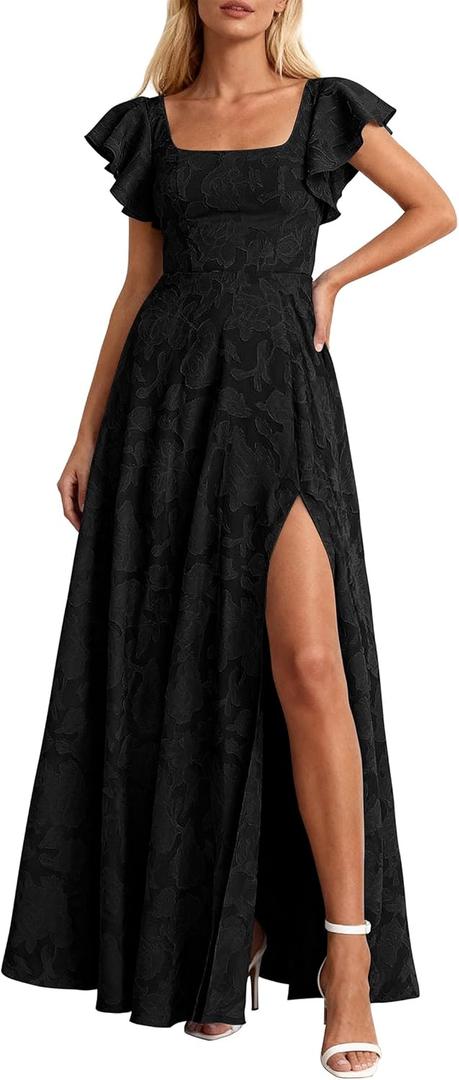 KIRUNDO Cocktail Dresses for Women Elegant Wedding Guest Summer Formal Maxi Lace Floral Slit Prom Party Bridesmaid Dress (Black, X-Large)