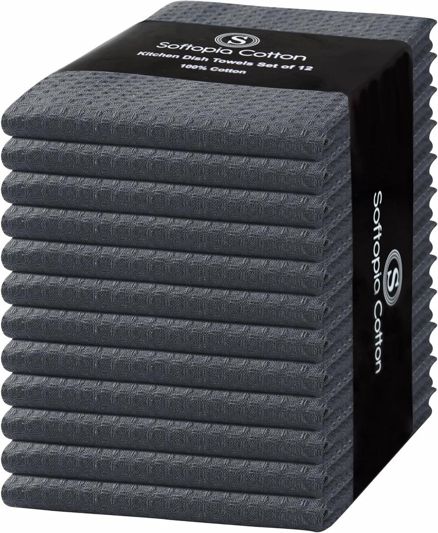 Softopia Cotton Gray Kitchen Towels  Waffle Weave, 100% Cotton, Soft & Absorbent, Fast Dry, Durable, 16x26 Inches, Perfect for Dish Drying, Bar, Cleaning, and Everyday Use, Set of 12, Grey