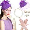 BACH AND BOUJEE Purple Tea Party Hats for Women Lace Gloves Fascinators Hats with Veil Feather Purple Vintage Tea Party Accessories Women Necklace Earrings Set 20s Wedding Accessories (Purple)