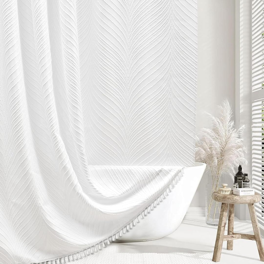 Extra Long White Boho Shower Curtain Woven Fabric Cute 84 Inch Shower Curtain, 72 x 84 Tufted Leaves Textured Striped Modern Farmhouse Minimalist Cloth for Bathroom