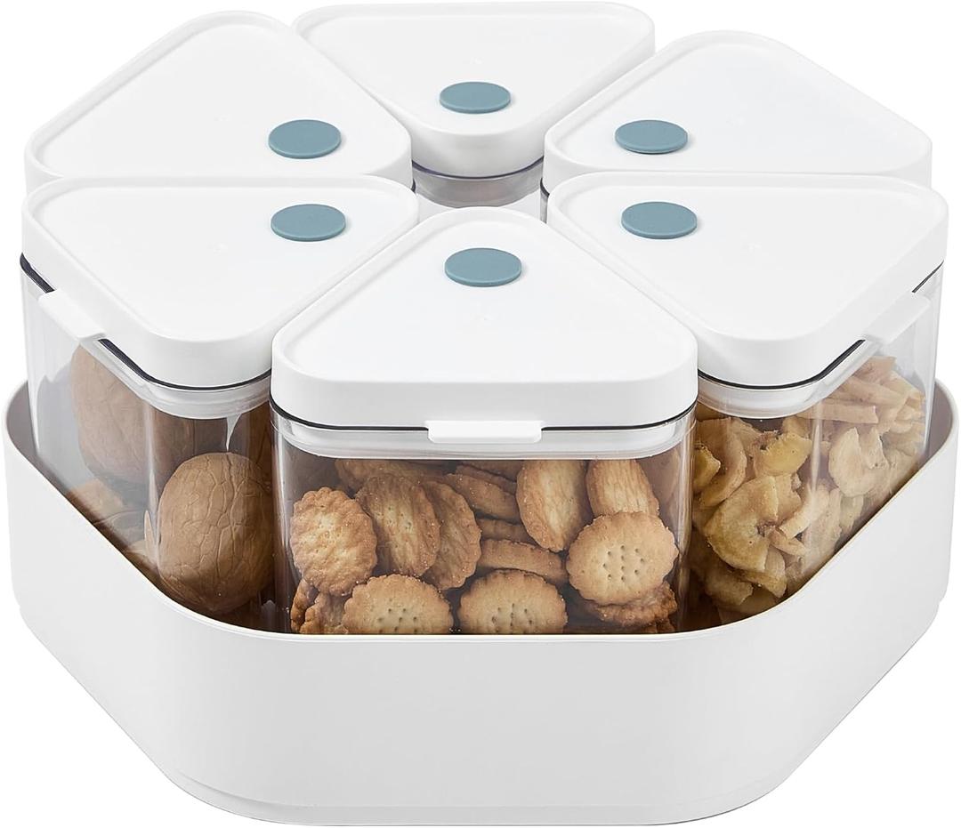 Chef's Path Spinning Container Set - 6 Pieces BPA-Free, Airtight, Clear Storage Bins (450 mL) and White Hexagonal 360° Lazy Susan Organizer for Cabinet, Pantry, Kitchen, and Office Storage Solutions