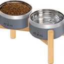 UPSKY Elevated Dog Bowls  27oz Stainless Steel Anti-Spill Set with Wooden Stand, Double Raised Bowls for Small/Medium Dogs to Reduce Neck Strain & Improve Digestion (Grey)