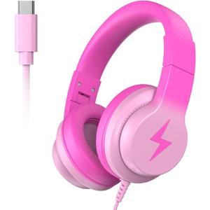 Candy Bila Wired USB C Kids Headphones, 85dB Safe Volume Limit, HD Stereo Sound, Adjustable Headband, Foldable Over-Ear Design for School/Travel/Boys/Girls/iPad/Tablet (Gradient Rose Pink)