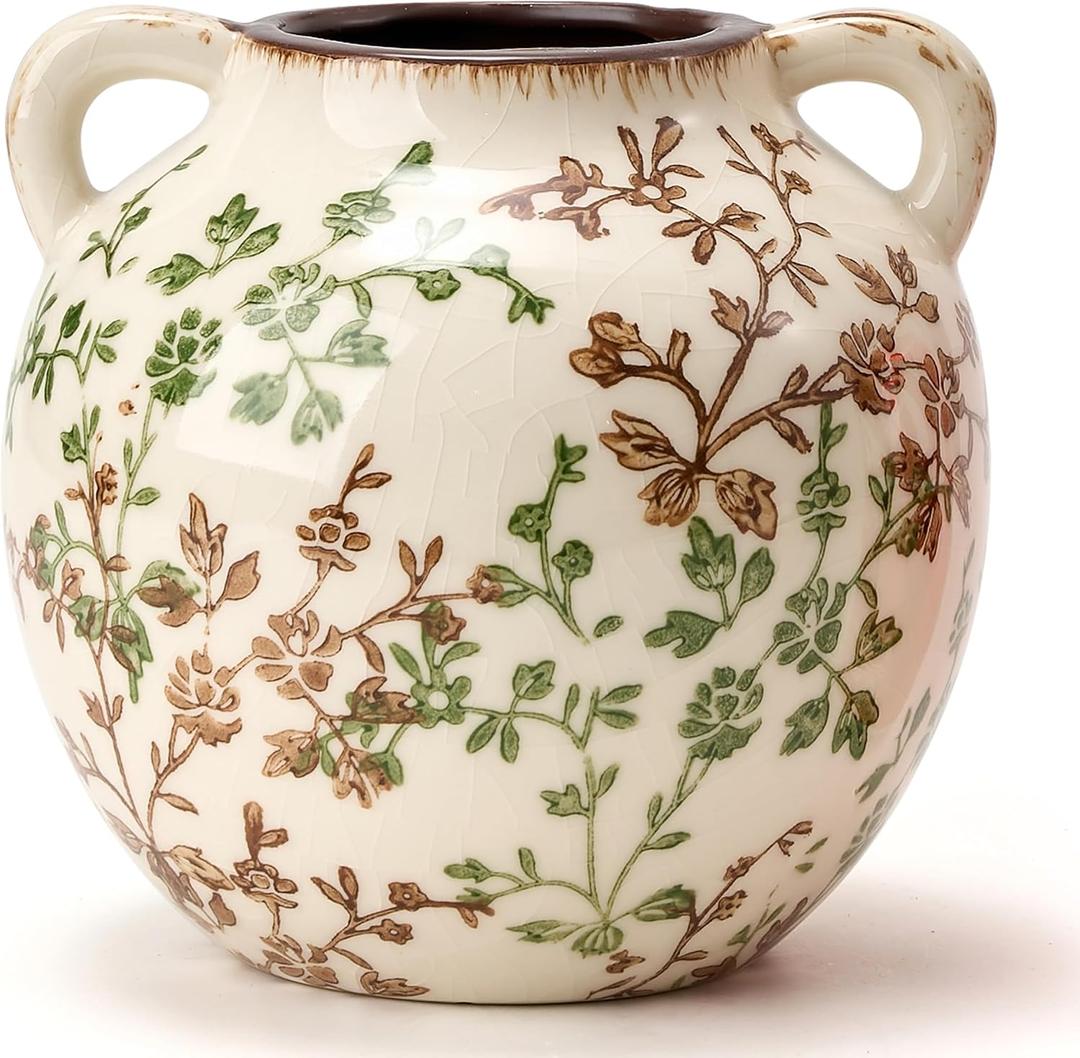 Green and Beige Antique Vase, 5.6 Inch Vintage Chinoiserie Floral Vase, Rustic Ceramic Vase for Home Decor, Living Room, Bookshelf, Office, Entryway, Garden, Chinoiserie Decor, Tuscan Decor