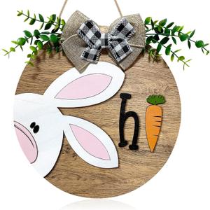 Easter Wooden Hanging Sign for Front Door Decor Double Plank Design Bunny Rabbit Wood Door Hanger with Bow for Outdoor Outside Porch, Spring Wooden Wreath Indoor Wall Hanging Decoration (Easter Day, Easter -4)