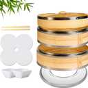Bamboo Steamer Basket, 2 Tier 10-Inch Steaming Basket Bun Vegetable Steam, Dumpling Steamer with 2 Sauce Dish, 2 Chopsticks,4 Reusable Liners, 1 Ring, Dumpling Steaming bamboo steam baskets