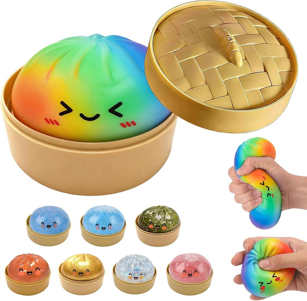 Glitter Dumpling Squishy, New Mystery Glitter Dumpling Squishies Box, Jumbo Squishy Toy with Steamer Box, Colorful Fidget Stress Balls, Soft Squeeze Decompression Dough Sensory Play Toy (Dazzling)