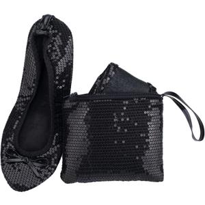 Women's Foldable Ballet Flats – Portable Flat Shoes for Travel and Wedding that Fit in Your Purse (XXL, Black Sequin)