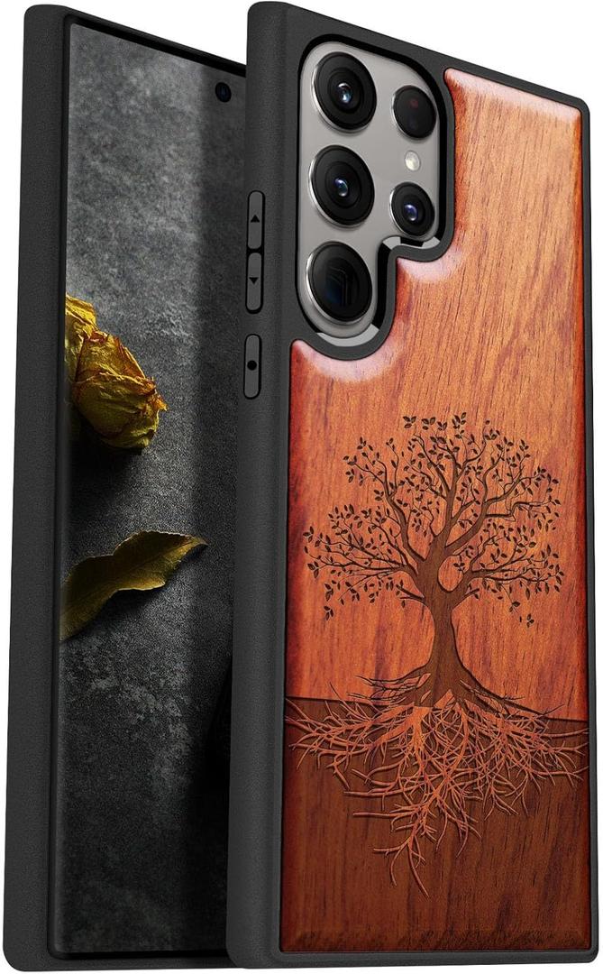 Carveit Wood Case for Galaxy S24 Ultra Case [Natural Wood & Black Soft TPU] Shockproof Protective Cover Unique Wooden Design Compatible with Samsung S24 Ultra (Tree with Roots-Rosy)