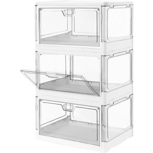 3-Pack Clear Stackable Storage Bins with Lids Magnetic Doors Open Front, Foldable, Folding Plastic Craft Containers Large Closet Organizers Box for Bedrooms Living Rooms Study Kids' Toys 24 QT (White)