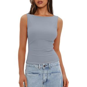 Darong Women's High Neck Tank Top Sleeveless Double Lined Basic Tops Going Out Casual Tank Shirts (X-Large, Grey Blue)