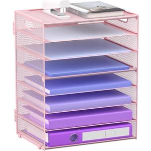 8 Tier Paper Letter Tray Organizer with Handles, Mesh Desk File Holder Storage Organization for Home School Classroom & Office (Pink)