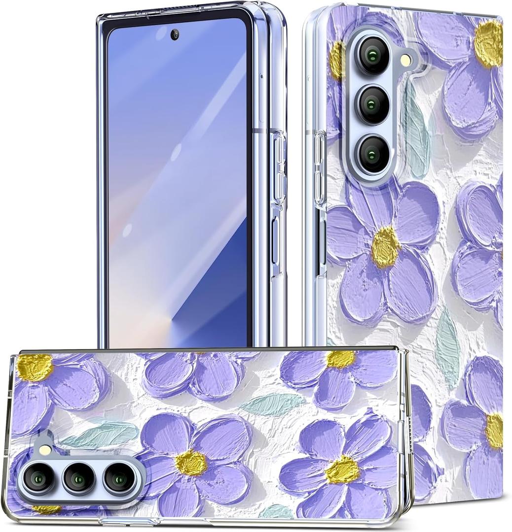 for Samsung Galaxy Z Fold 5 Case with Slim,Magnetic,Transparent Crystal Clear Slim Hard PC Shockproof Anti-Scratch Full Protective Cover for Z Fold 5 5G Purple Flowers 12-ZFOLD5-27