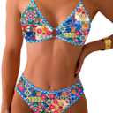 Fanuerg Women's Triangle Bikini Sets O Ring Linked Two Piece Swimsuits Floral Printed Cheeky Bathing Suit (Blue, M)