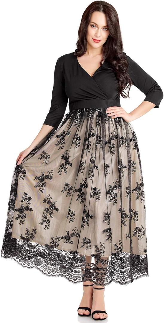 GRAPENT Women's Plus Size Sequin 3/4 Sleeves Evening Gown Party Long Maxi Dress (7X-Large Plus, Champagne Black)