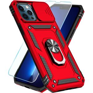 SunStory Compatible with iPhone 13 Pro Max Case with HD Screen Protector & Slide Camera Cover & Rotated Ring Kickstand, [Military-Grade] Phone Case for iPhone 13 Pro Max(Red)