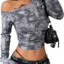 SweatyRocks Women's Off The Shoulder Crop Top Long Sleeve Y2K Ruched Shirt Sexy Going Out Tops (Gray, M)