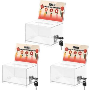 KYODOLED Clear Donation Box for Fundraising, Suggestion Box with Lock and Key, Raffle Box for Tickets with Sign Holder, Tip Jar for Event and Organization, 6.1"x4.3"x3.8", 3PACK(Sign Card Not Contain)