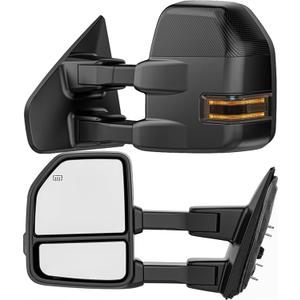 Smoked Power Heated Tow Mirrors Compatible with 2004-2014 Ford F150 F-150 Pickup Truck, Extended Trailer Towing Side Mirrors with LED Puddle Light, Carbon Fiber Grey Housing