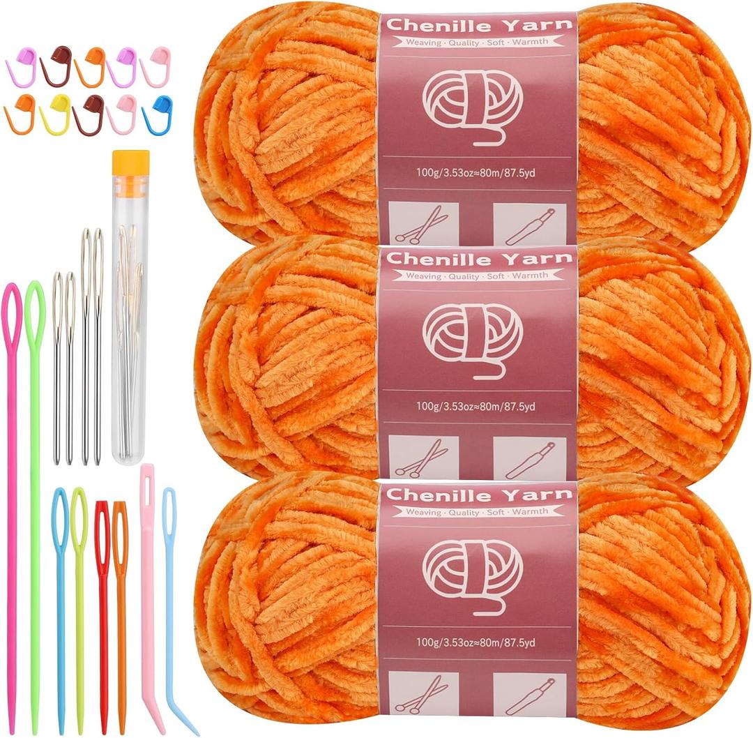 LUNARM Chenille Yarn for Crocheting Knitting, 3 Skein 263 Yard Thick Soft Chunky Fluffy Weaving Plush Yarn for Blankets Clothes Pattern Creations with Big Eye Needles (Orange) (Solid Color)