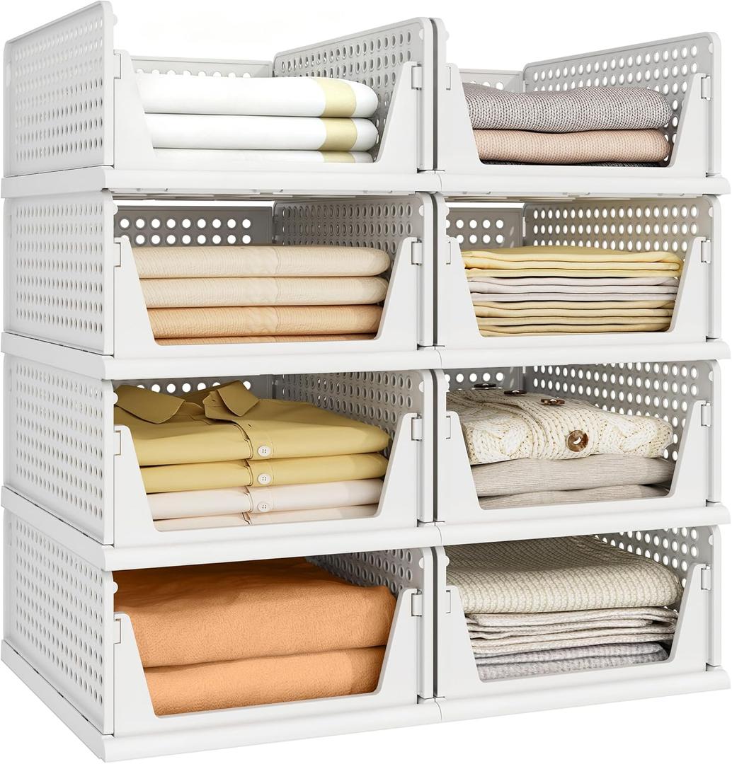 Pinkpum 8 Pack Closet Organizers and Storage Plastic Stackable Storage Bins, Foldable Drawer Shelf Storage Container for Wardrobe Kitchen Bathroom Dorm White