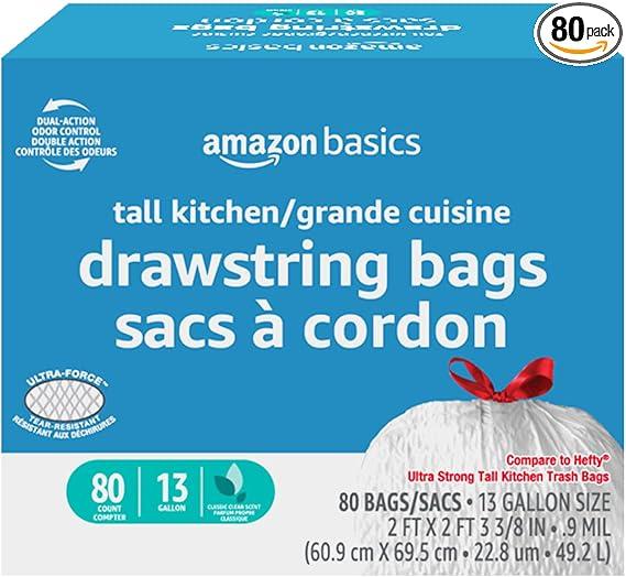 Basics UltraForce Tall Kitchen Drawstring TrashBags, Classic Clean Scented, 13 Gallon, 80 Count with Odor Control