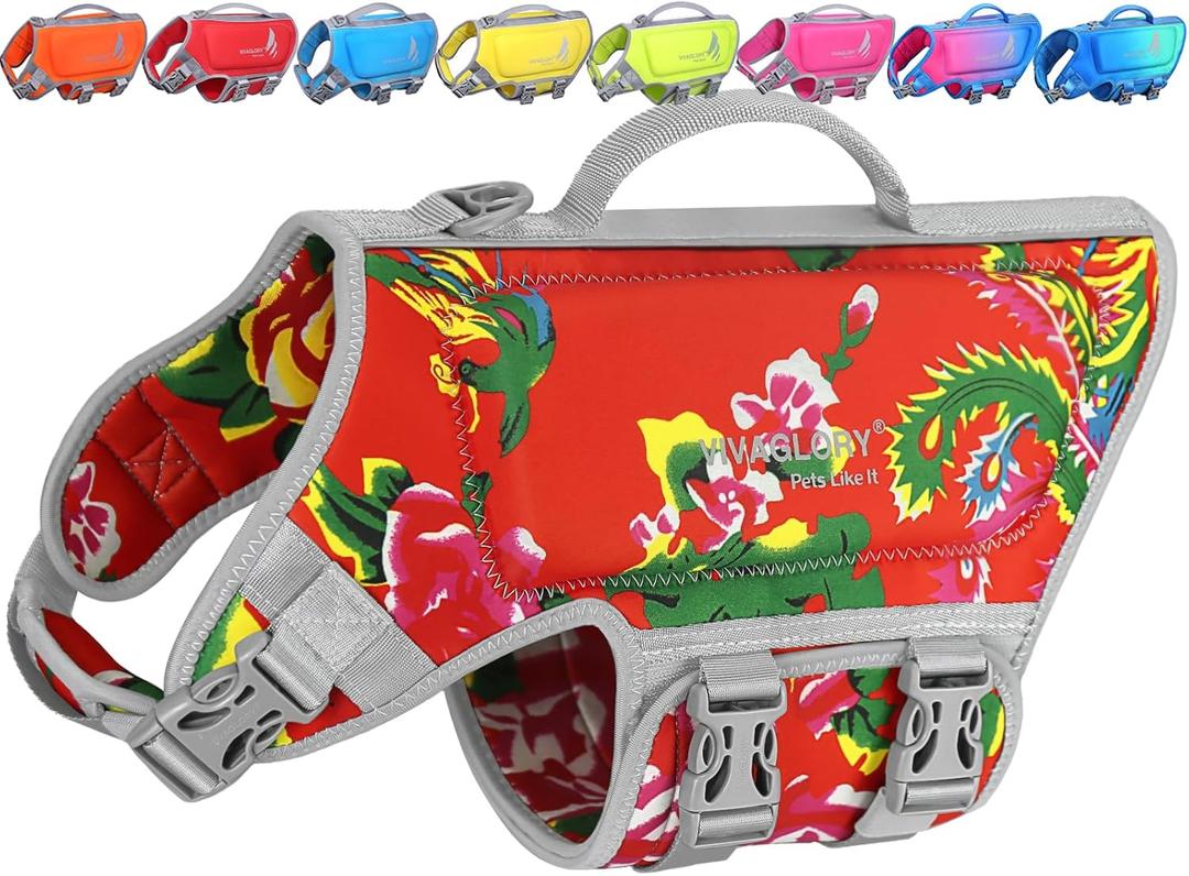 VIVAGLORY Dog Life Vest High Buoyancy Dog Life Jacket, XS, Floral Red | Swimming Vest with Handle & Leash Ring for Boating & Swimming, Sturdy High Visibility for Doggy