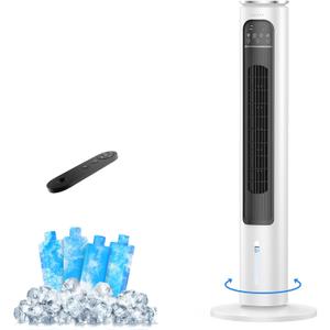 FLOWBREEZE Windowless Portable Air Conditioners, 38’’ Evaporative Air Cooler w/Remote, 2.5L Water Tank & 4 Ice Packs, 12H Timer Auto-off, 70° Oscillating, Quiet Cooling Tower Fan For Home Office