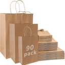 FACEBAG 90-Pack Brown Kraft Paper Bags with Handles Bulk, Assorted Sizes Gift BagsGroceryRetailPartyBirthdayShoppingBusinessGoodyCraftMerchandise Take Out Sacks