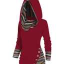 DRESSFO Women's Tribal Stripe Hooded Knit Top – Long Sleeve Pullover Sweatshirt with Mock Button Detail (Red/2X)