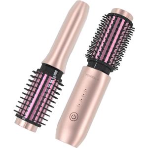 Youbella Cordless Hair Curling Iron Brush, Mini Travel Hot Straightener Comb, 3-in-1 Portable Wave Curling Wand, 1.5 Ionic Heated Brush, USB Rechargeable Hair Curler, Pink  No Automatic Rotation