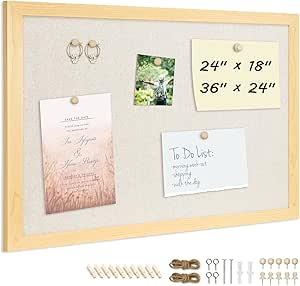 DOLLAR BOSS Bulletin Board with Linen 36'' x 24'' Wood Framed Cork Boards for Walls, Photo Display Pin Board, Decorative Corkboard for Office Home School Dorm Decor with 10 Pushpins, Natural Wood